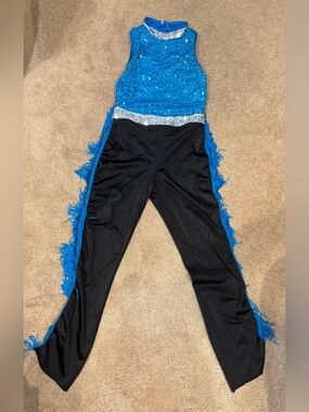 Weissman Blue Sequin Fringe Jumpsuit with Black Pants